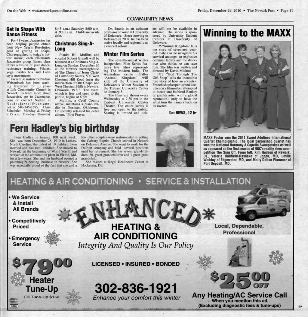 '' t I I I 1 ' J J.; I l f On the Web ' w"ww.newarl<.postonline.com Friday, December 24, 2010 The Newark Post Page 11 Get In Shape With Dance Fitness For 41 years, Jazzercise has been helping.