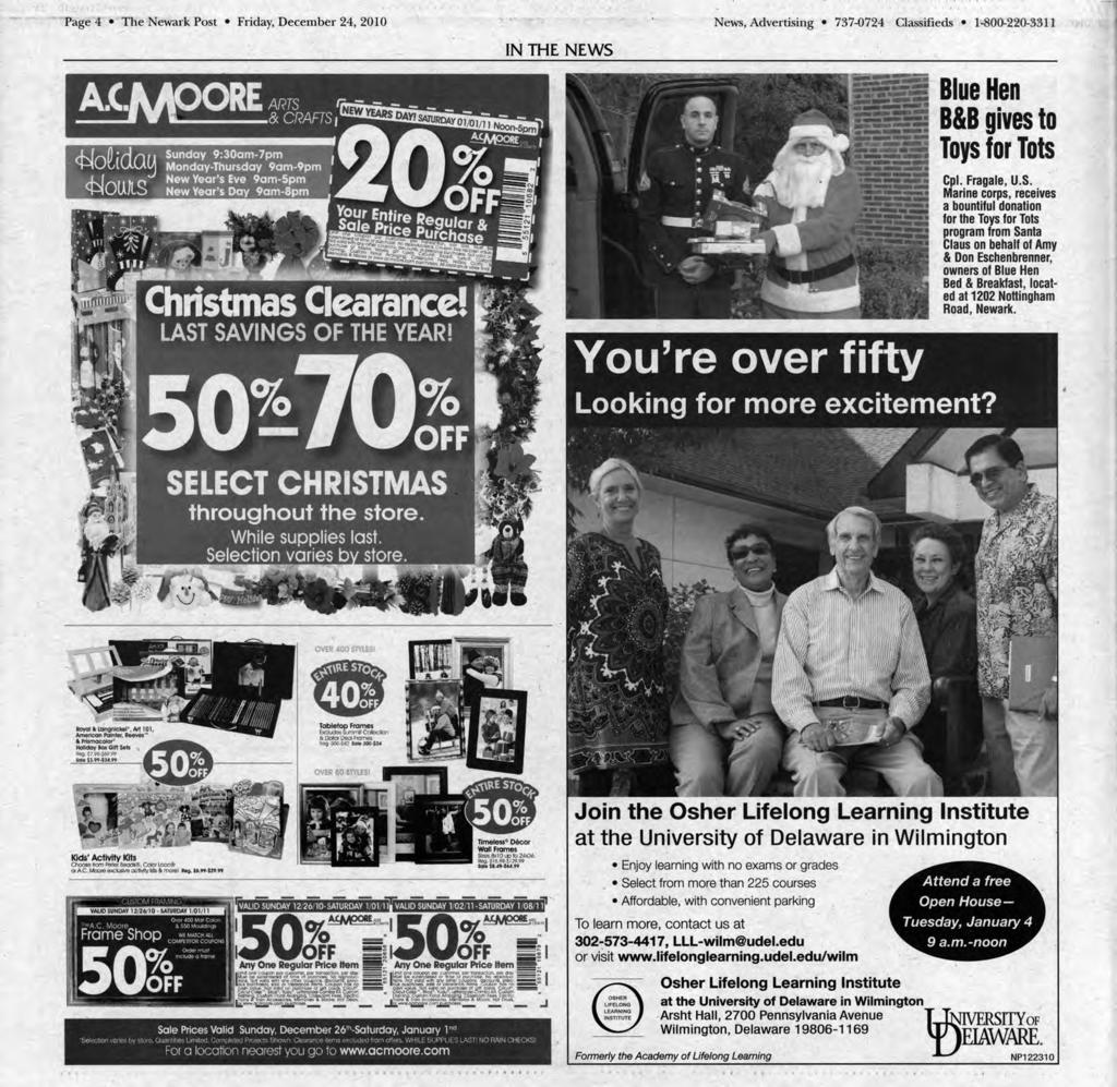 Page 4 The Newark Post Friday, December 24, 2010 News, Advertising 737-0724 Classifieds 1-800-220-3311 Blue Hen B&B gives to Toys for Tots Cpl. Fragale, U.S.