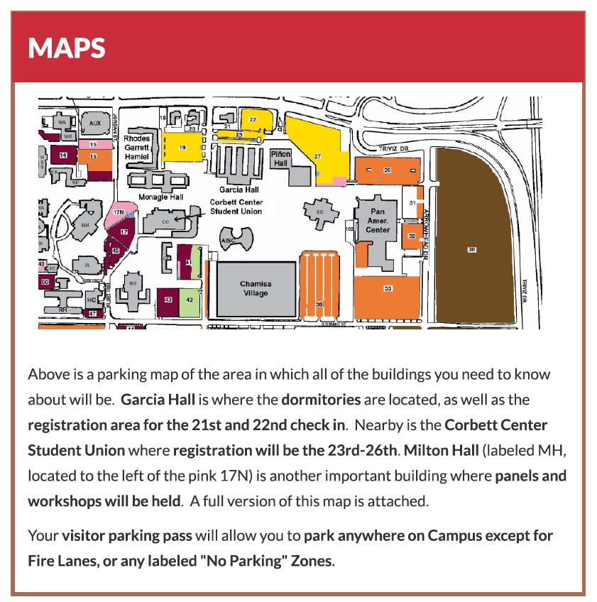 An all-campus parking map is in the back of this program. Maps of Milton Hall and Corbett Hall are also in the back of the program.