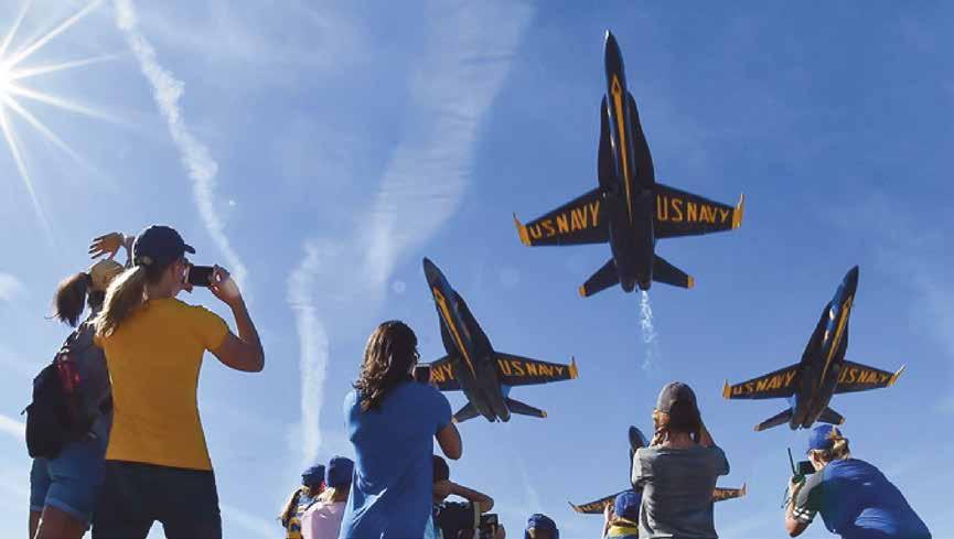 Headlining the event is the Navy s Blue Angels demo team. Also on the flying menu are several civilian aerial acts and static displays.