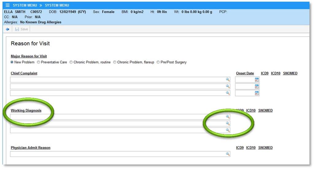 Working Diagnosis The Working Diagnosis can also be updated via the same screen as above. It can be free text or coded. Working Diagnosis should be utilized throughout the patient's stays.