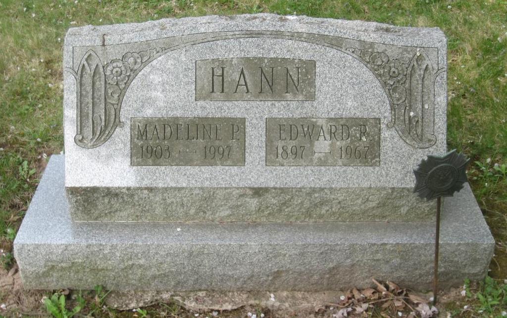 Hann, Edward R. South Farmington Cemetery Town of Farmington VFW flag holder by grave. Hann, Edward R. AGO fm 724-1 ½. New York, Abstracts of World War I Military Service, 1917-1919.