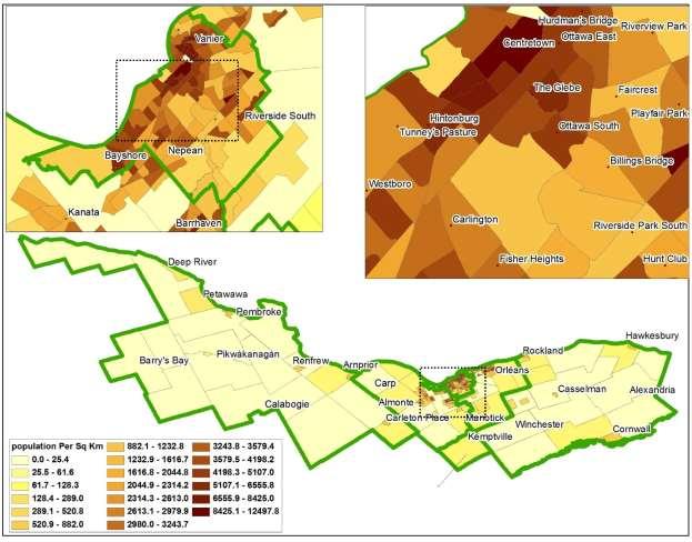 Figure 2.1: Population Density by Census Tract () and Census Sub-Division (Outside of ), 2011.