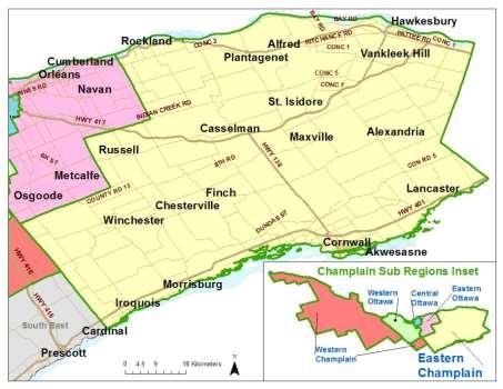 The population of (EC) is concentrated in towns on the edge of, including Rockland, Embrun and in Cornwall and Hawkesbury. EC also includes large rural areas and many smaller villages.