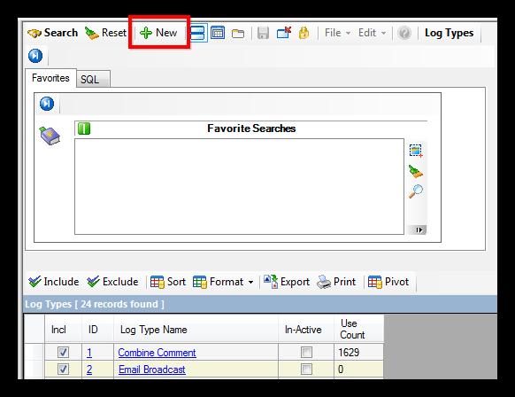 Click [+ New] on the search tool strip to begin adding a new log type.