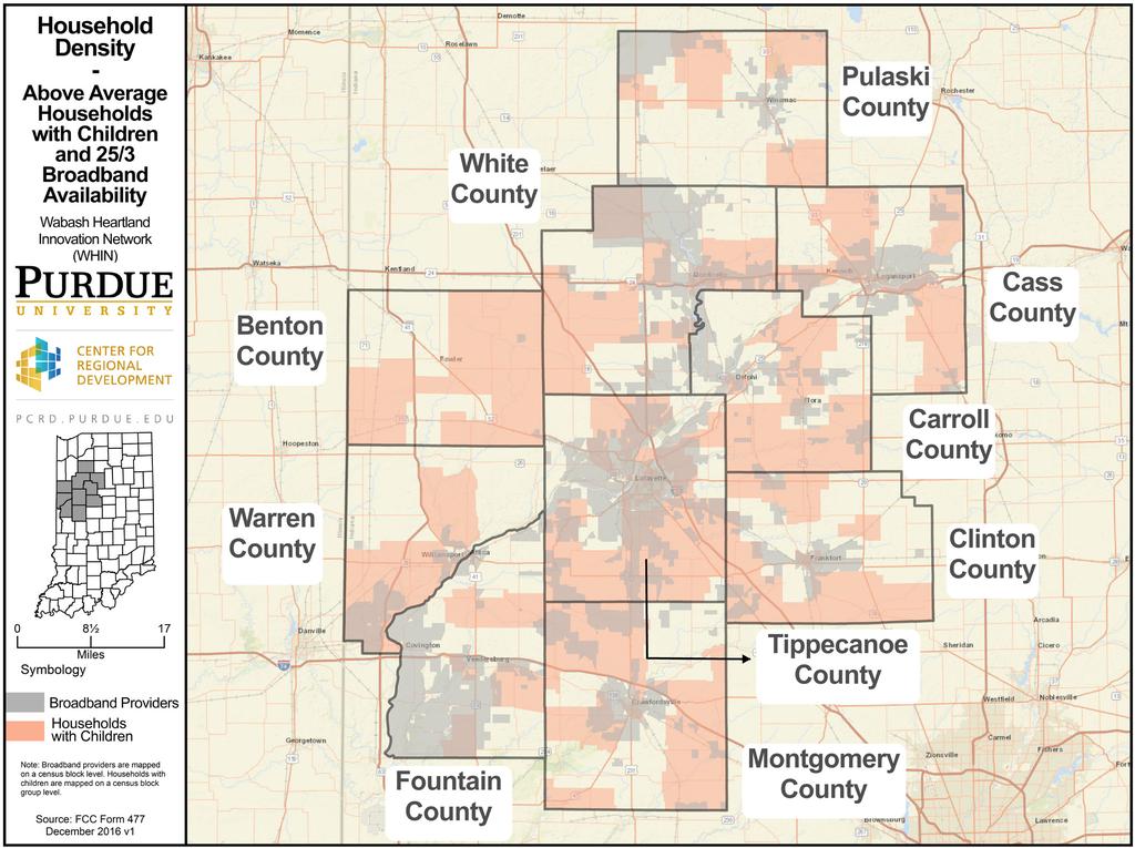 There are multiple block groups with above-average percentage of households with children (orange) not in the residential footprint (gray).