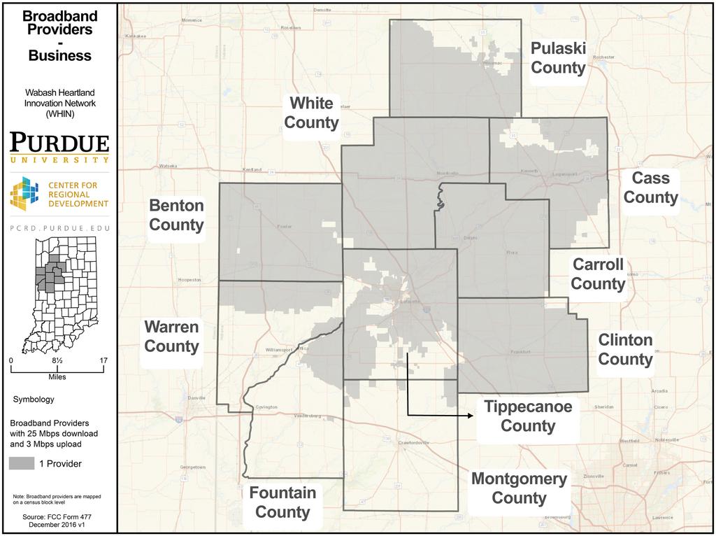 Figure 6 shows the business 25/3 footprint in the WHIN region. Most of Benton, Carroll, Clinton, and White counties have coverage for businesses.