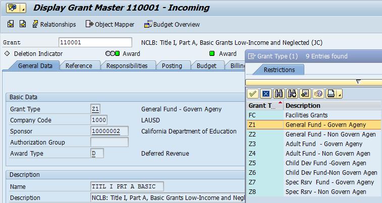 New Grant Master Features General Data Tab The grant type code will be displayed in the Grant Type field on