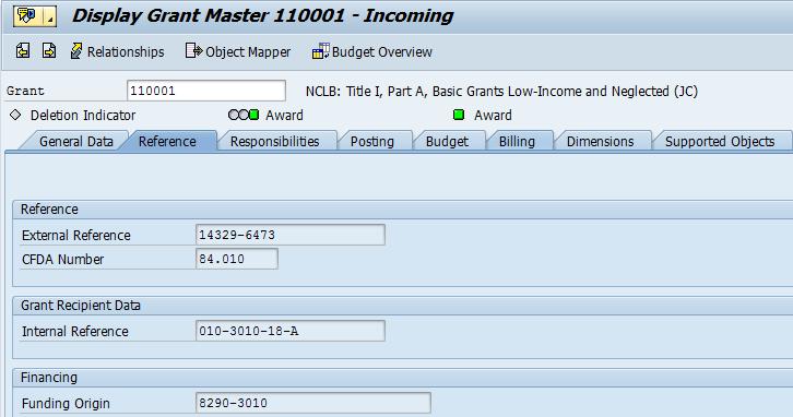 New Grant Master Features Reference Tab You will no longer maintain the Internal Reference field on the Reference tab since this field will be reflected in other tabs of the grant Example of where