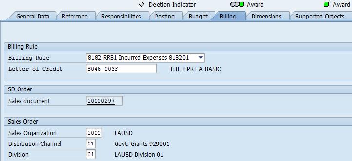 New Grant Master Features Billing Tab On the Billing tab select the correct value in the Billing Rule field All other data on this tab should be left as-is The number in the Sales Document field is