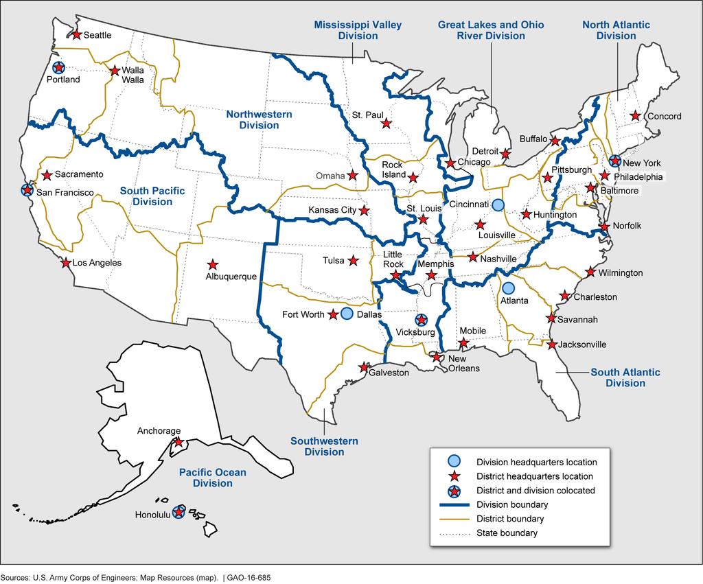 Figure 1: Locations of the U.S. Army Corps of Engineers Civil Works Divisions and Districts Corps headquarters primarily develops policies and provides oversight.