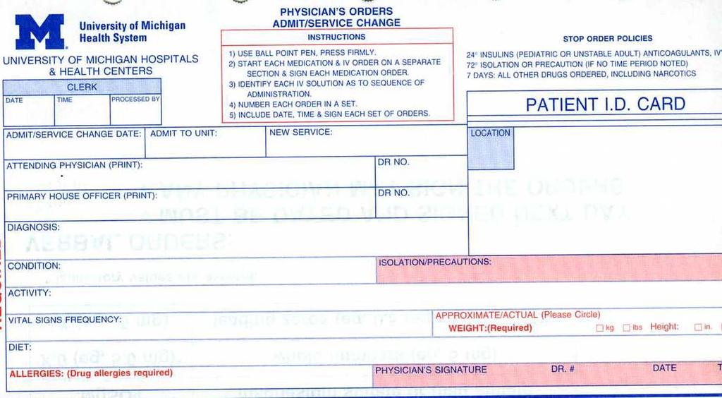 APPENDIX G: Physician Form Data Requisition Methodology Admit Orders