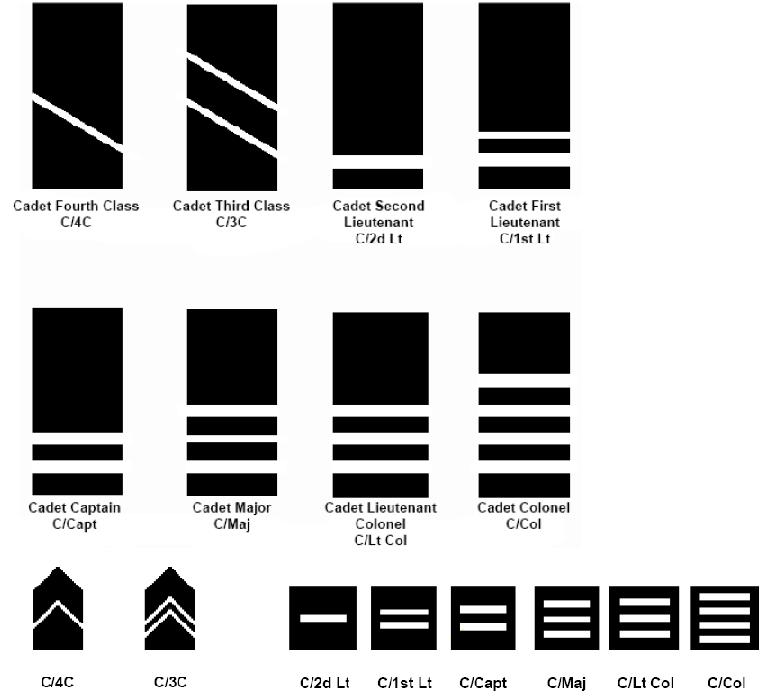AFI36-2903_AFROTCSUP 15 MAY 2015 3 Figure 1.1. (Added) Cadet Rank. 1.5.4.4.1. (Added) Cloth shoulder marks will be used on the epaulets of the service dress jacket, long- and short-sleeved shirts/blouses, and the sweater.