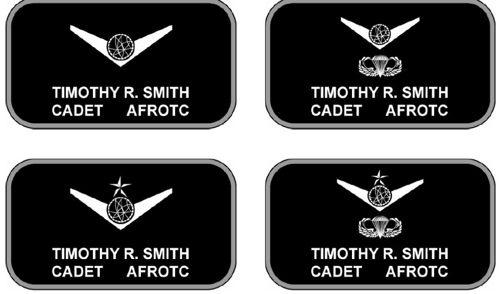 AFI36-2903_AFROTCSUP 15 MAY 2015 9 * Figure 8.6. (Added) Aircrew Style Name Patch (ASNP) Configurations (Cloth, Example is Navigator (Combat Systems Officer)). 8.4.6.1. (Added) Right Breast Pocket.