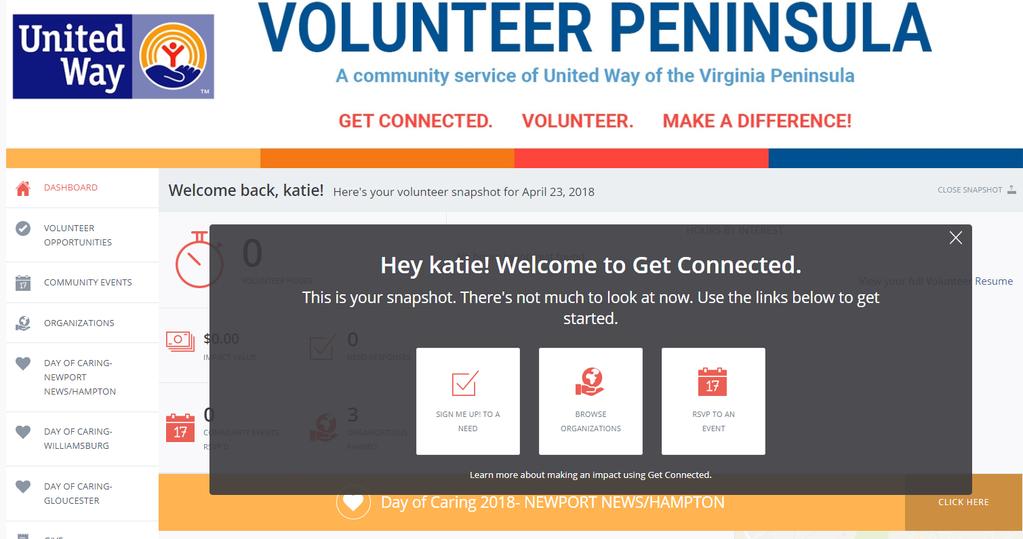 Congratulations! You ve signed up on Volunteer Peninsula.