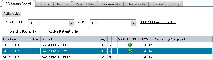 Section Four: Monitoring ED Discharge Diagnoses Entered 1. On the Status Board While logged in, review all the patients on the ED status board: 1. Who has nothing in the Dx column? 2.
