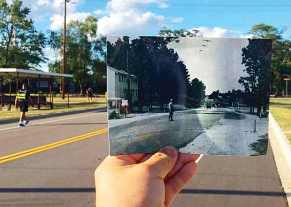 Above, a photo contrasts traffic in 1941 to what the road looks like today.