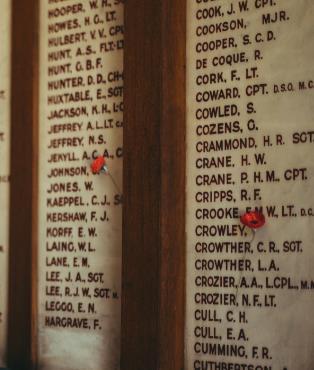 The Honour Roll consists of 18 marble panels framed in polished maple, bearing the names of ex-students who served in World War One, four of the