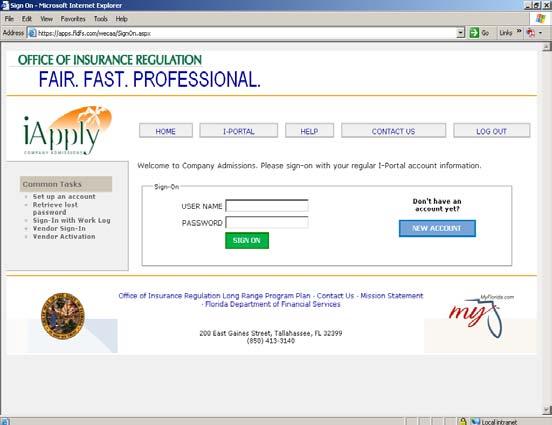 ACCESSING iapply To get started in iapply, the Applicant is directed to access via the Industry Portal at https://iportal.fldfs.com. Select iapply Online Company Admissions.