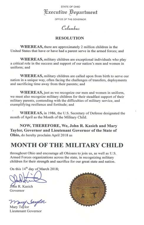 School Liaison Officer Newsletter for Wright-Patterson Air Force Base APRIL 2018 April is the Month of the Military Child and Child Abuse Awareness During the month of April, Wright-Patterson and