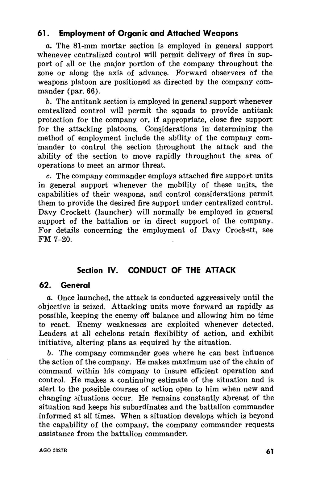 61. Employment of Organic and Attached Weapons a.