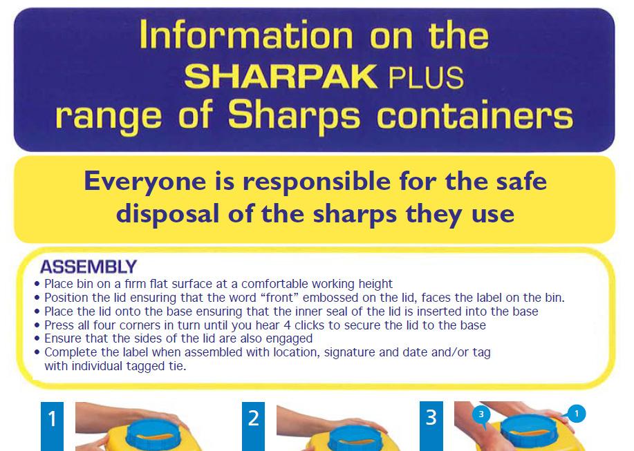 Safe storage of sharps bins Photo 1: Difficult to access Sharps bin on lower shelf of trolley Photo 2:Bin stored on shelf in clean utility, opening not visible If bin