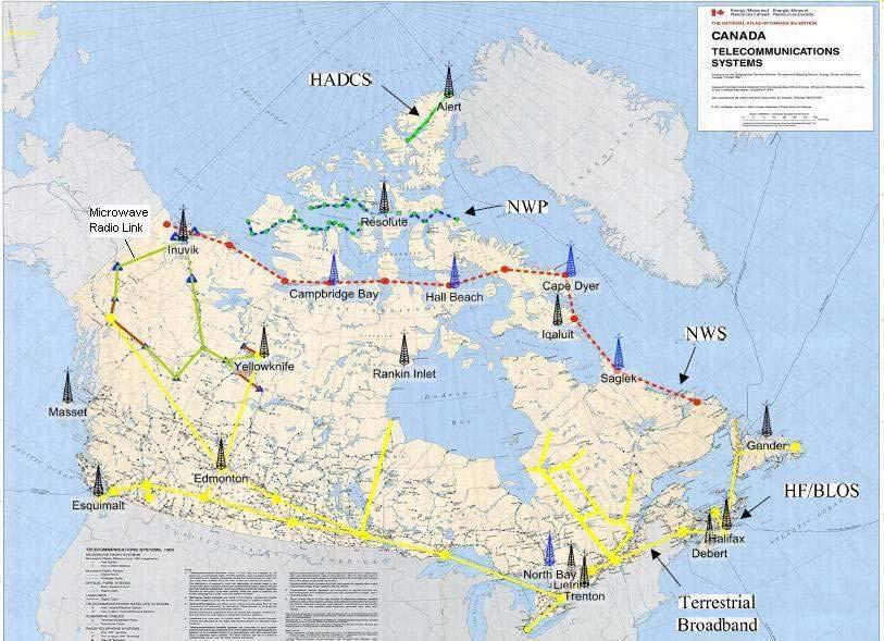 203 This map depicts Canada s broadband backbone: red is satellite, yellow is fiber and green is microwave towers.