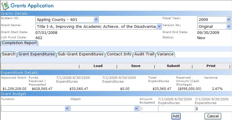 The information added in Steps 5-6 displays: Grants Application, Completion Reports, V1.