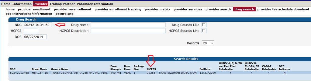 Provider Drug Search Provider Drug Search On Web site When billing for National Drug Codes (NDC) on outpatient claims, please refer to the provider drug search on the Web