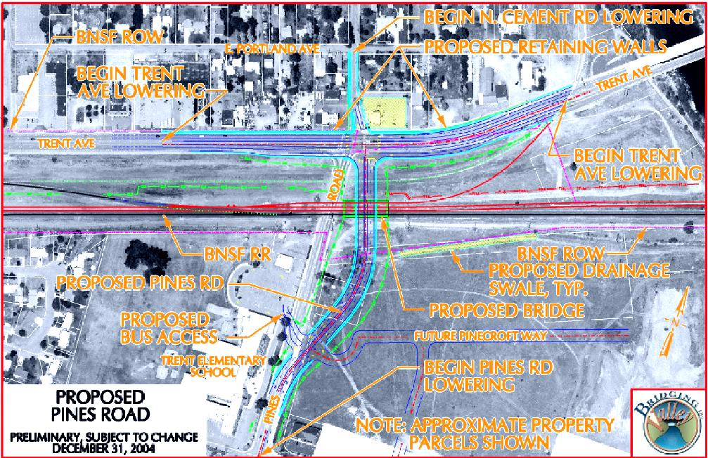 Pines Rd Underpass, BNSF & Trent 2016 2017 2018 2019 2020 2021 Project Description: This project proposes to reconstruct Pines Road to pass under four BNSF tracks.