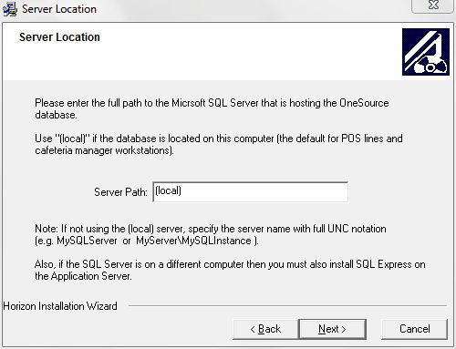 11. SQL Server Location: a. If SQL is already installed, you will be prompted to enter the Server Location. See Figure 2-8. b. If SQL is NOT already installed, the install will skip to the Remote Server Location.