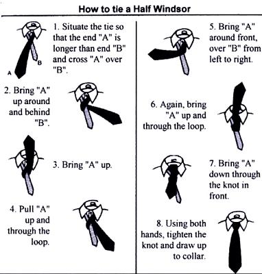 How to tie a tie: - There several different knots that can be used to tie a tie. - A very good one for the Air Force uniform tie is the Half Windsor knot.