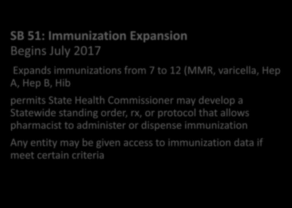 2017 IPA-Sponsored Legislative Bills 2017 SB 51: Immunization Expansion Begins July 2017 Expands immunizations from 7 to 12 (MMR, varicella, Hep A, Hep B, Hib permits State Health Commissioner