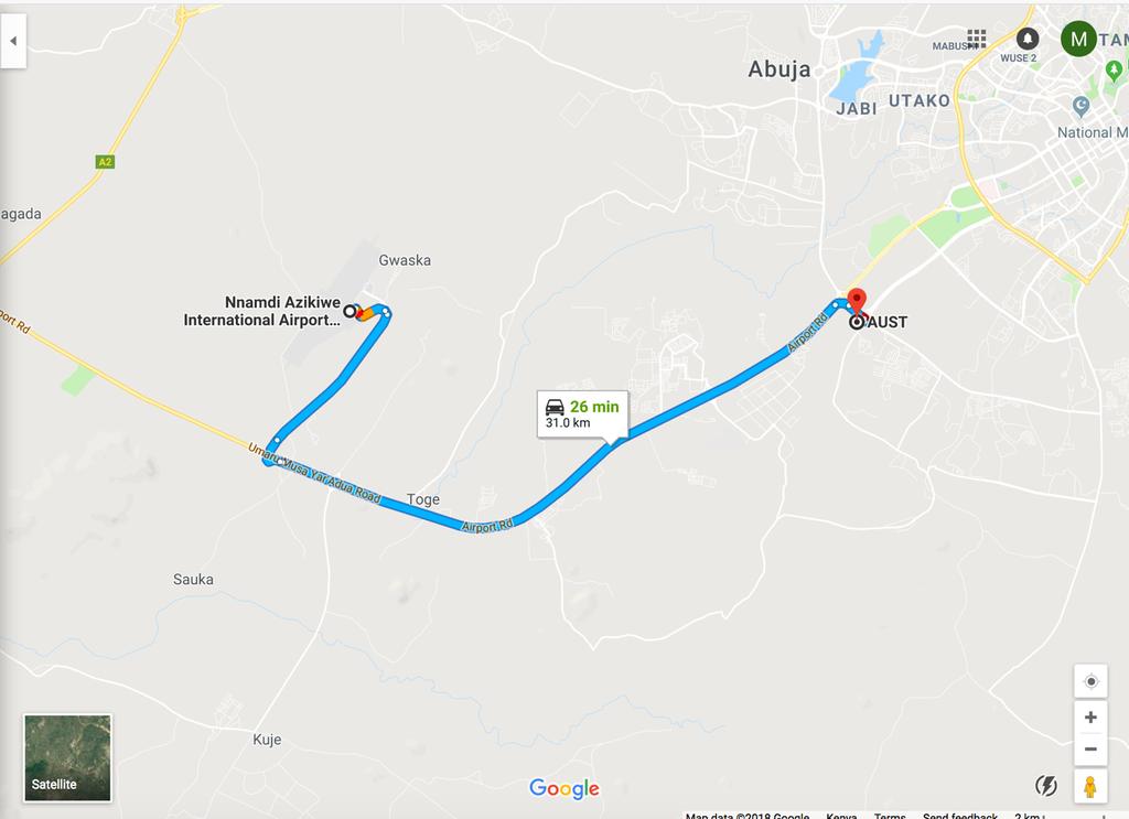 TRANSPORT FROM THE AIRPORT AUST is 31km from Nnamdi Azikiwe International Airport IATA: ABV that serves Abuja in the Federal Capital Territory of Nigeria TRANSPORT: VENUE HOTEL TRANSFER Necessary