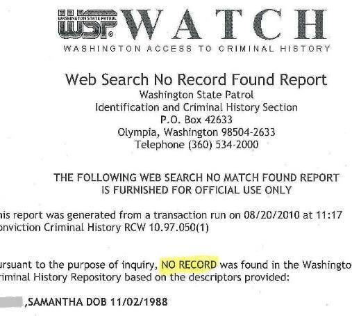 WATCH Check Instructions No Record Found Report This result means there are no convictions in Washington State. What do you do with this result? 1. Verify name, birthdate, etc.
