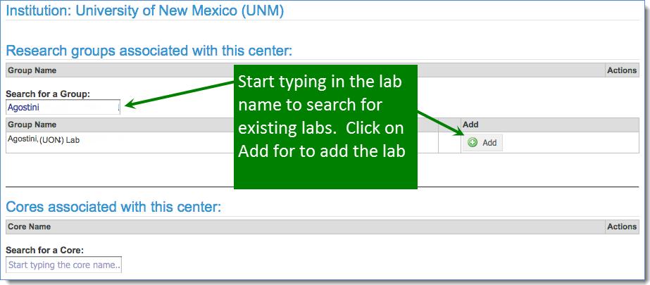 The next step is to add the labs that will be receiving the subsidy. In the Search for a Group field, begin typing the name of the PI (Figure 3). The lab name will appear.