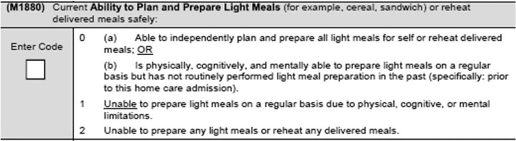 Part 2B M1880 - Current Ability to Plan and Prepare Light Meals (For Example, Cereal, Sandwich) or Reheat Delivered Meals Safely: 71 M1880 - Current Ability to Plan and Prepare Light Meals (For