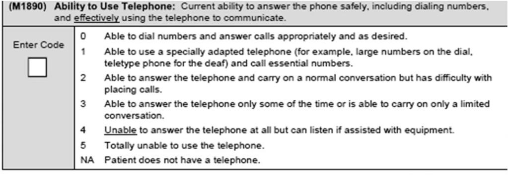 Part 2B M1890 - Ability to Use Telephone Current ability to answer the phone safely, including dialing numbers, and effectively using the telephone to communicate Important for patient