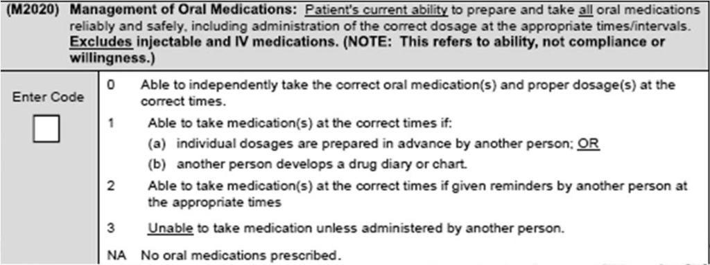 Part 2B M2020- Management of Oral Medications Patient s current ability to prepare & take all oral meds reliably & safely, including administration of the correct dosage at the appropriate