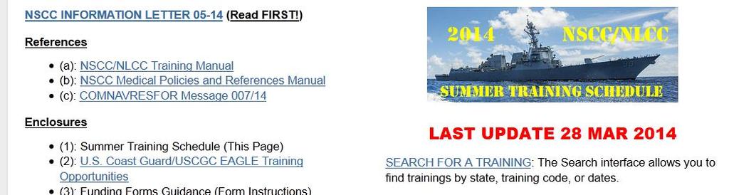 Click on SEARCH FOR A TRAINING If you are looking for a type of training like recruit training type RT in the training code block, this will bring up a listing of ALL recruit training evolutions