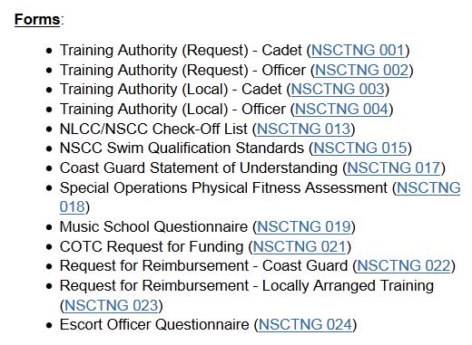 On the main summer training schedules page you will find the basic forms you will need to complete and submit to your unit to request training.