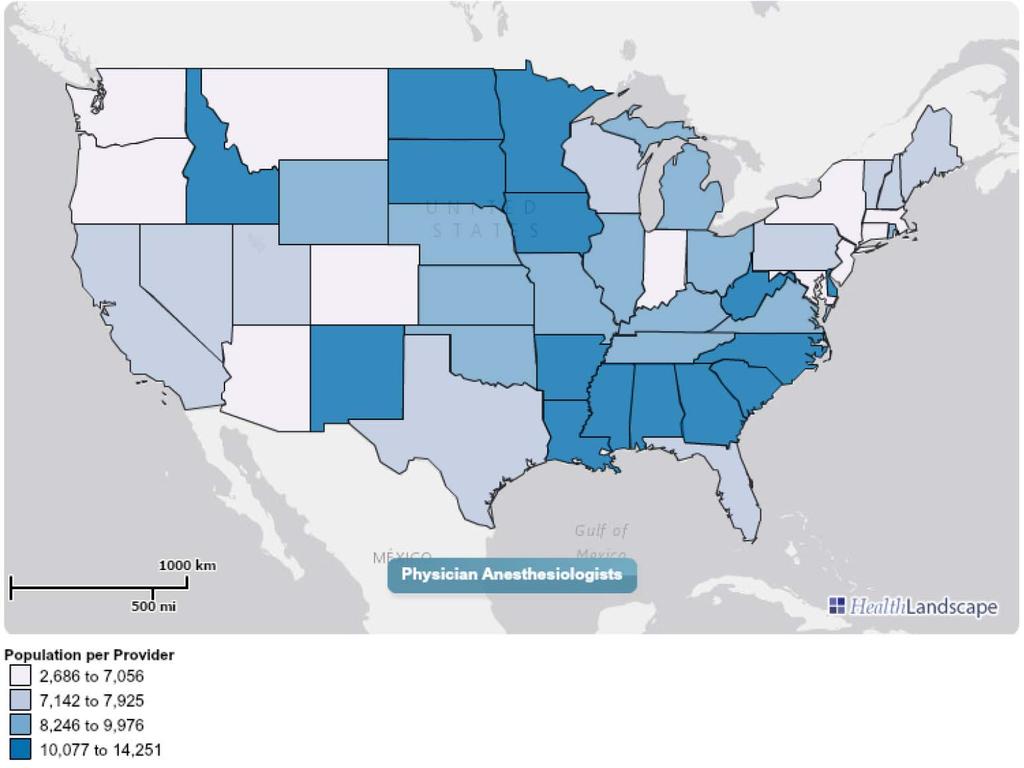 AMA Mapper FIGURE 3 RATIO OF POPULATION TO PHYSICIAN ANESTHESIOLOGIST WORKFORCE BY STATE, 2013 Created with AMA Health Workforce Mapper Population per Provider 2,686 to 7,056 7,142 to 7,925 8,246 to