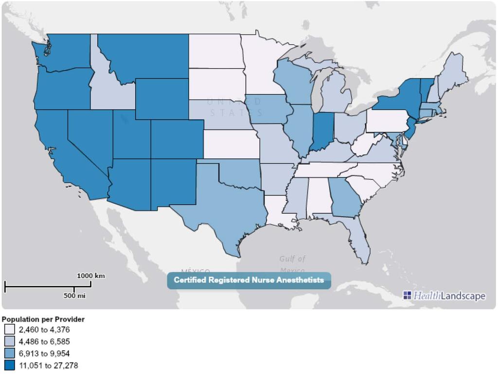 AMA Mapper FIGURE 4 RATIO OF POPULATION TO NURSE ANESTHETIST WORKFORCE BY STATE, 2013 Created with AMA Health Workforce Mapper Population per Provider 2,460 to 4,376 4,486 to 6,585 6,913 to 9,954