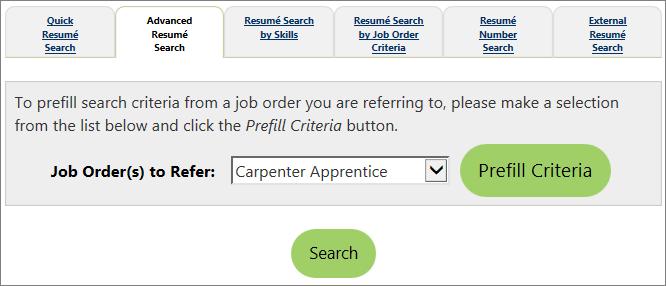 Search Candidates If the Search Candidate(s) link was chosen (at the bottom of the Job Order