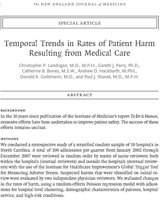 Analysis In a study of 10 North Carolina hospitals, we found that harms remain common, with little evidence of widespread improvement. Three Key Points from this Study 1.