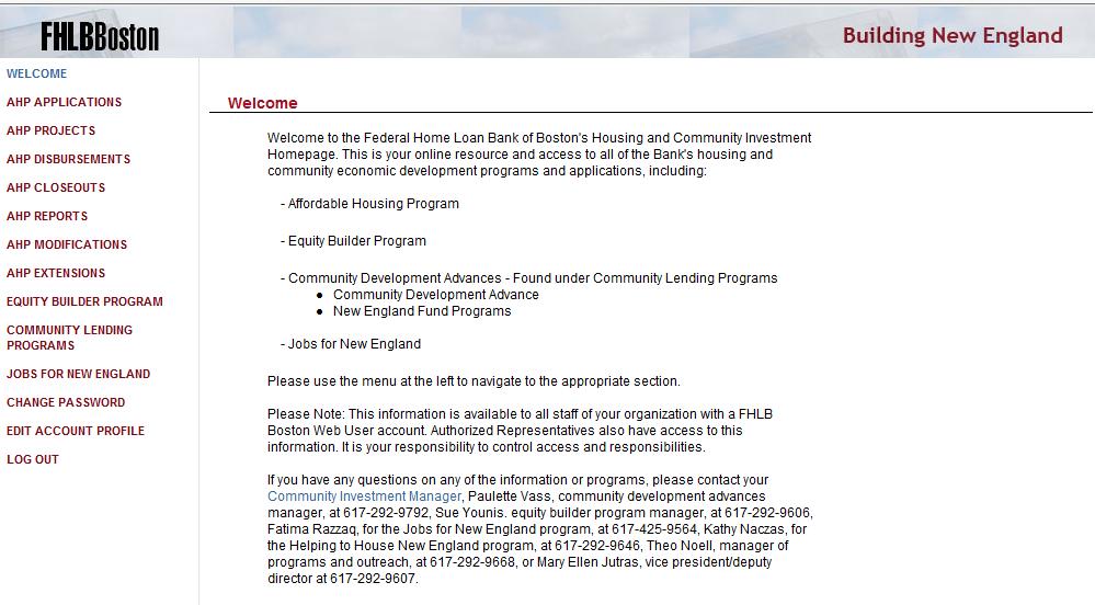 The Housing and Community Development Welcome screen will display links to all of the community lending programs.