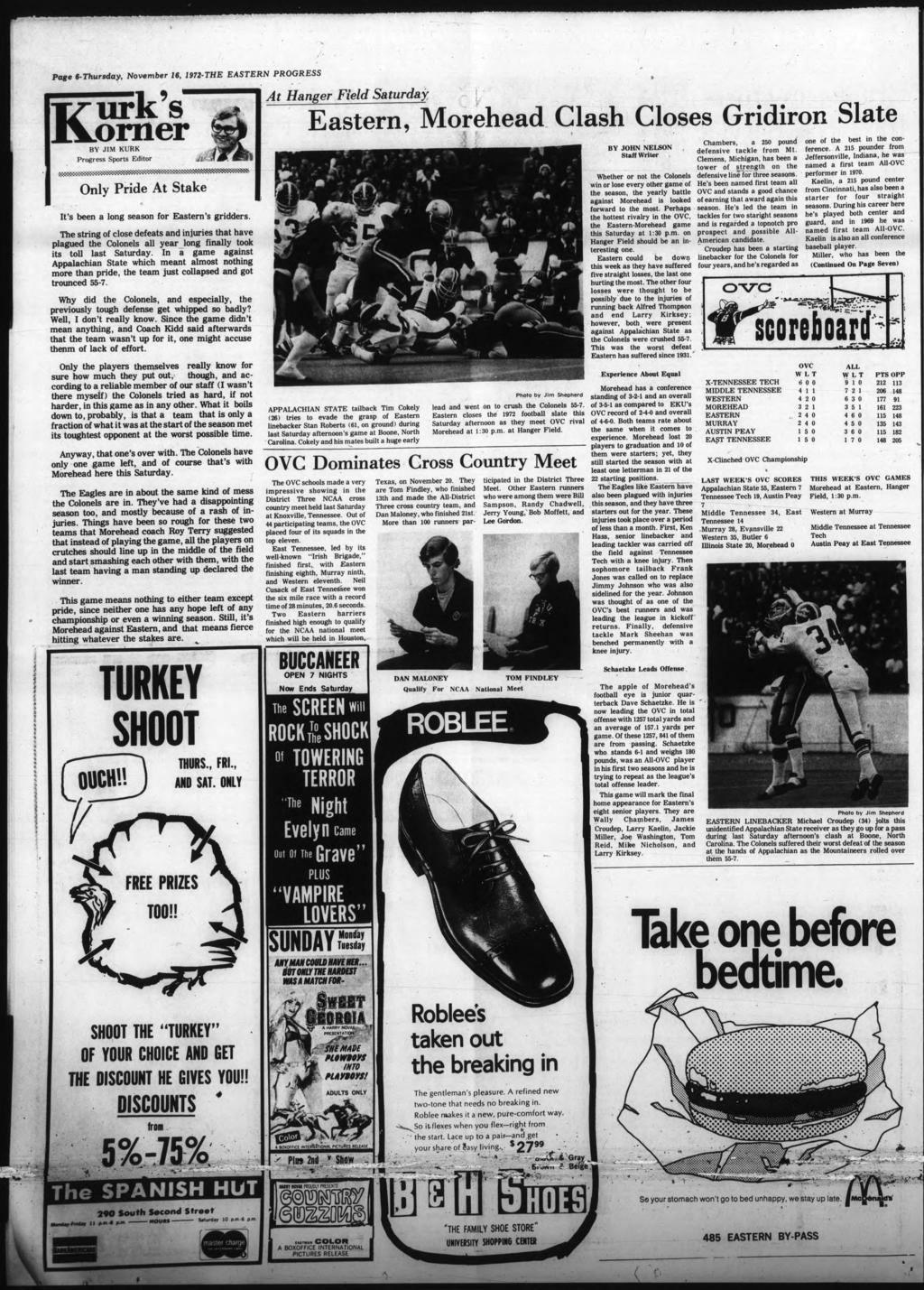 Page 6-Thursday, November 16, 1972-THE EASTERN PROGRESS At Hanger Feld Saturday Eastern, Morehead Clash Closes Grdron Slate BY JM KURK Progress Sports Edtor Jt lupfflmfflffl, N " wnn mn-