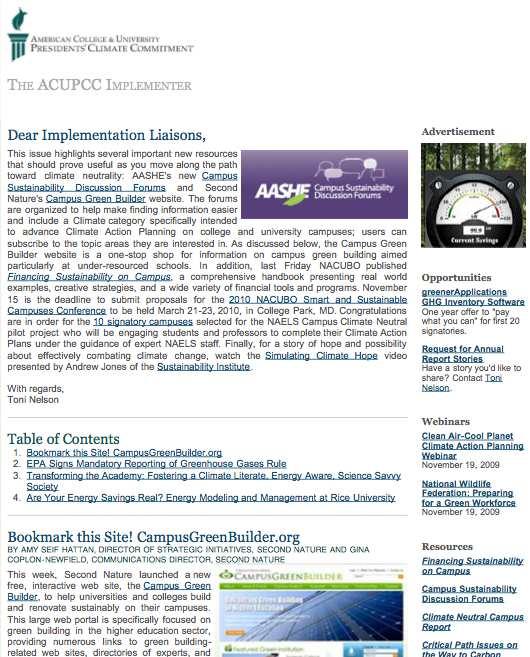 The Implementer Newsletter Free monthly e-newsletter with original content from ACUPCC institutions, service providers, policymakers, and leading experts in