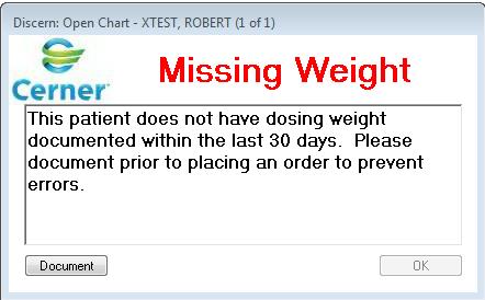 3. If the patient does not have a current weight or allergies documented in icentra, you may see the Missing Weight/Allergies message/prompt.