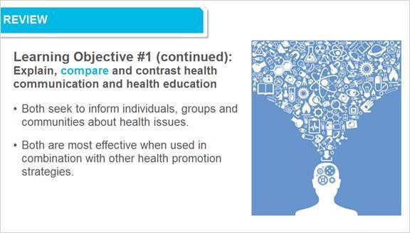 3.2 Review There are a few similarities between health communication and health education: Both seek to inform individuals, groups